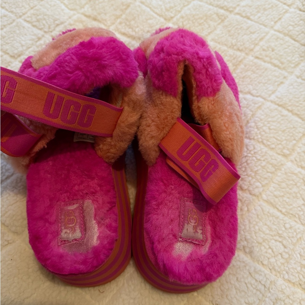 UGG Vibrant Pink and Peach Fluffy Slippers
